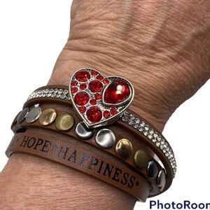 Love, Hope, Happiness Leather Criss Cross Bracelet & 18mm Jeweled Heart Snap NWT